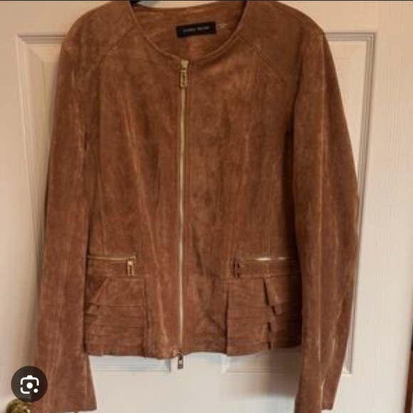 Ivanka Trump Jackets & Blazers - Ivanka Trump Light Brown Faux Suede Ruffle Jacket Wyth Gold Zippers.